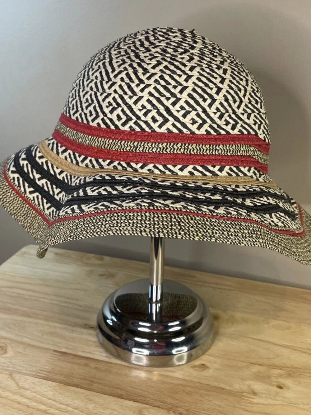 Women's Woven Straw Floppy Sun Hat Adjustable Tribal Geometric Wide Brim Boho - Picture 3 of 6
